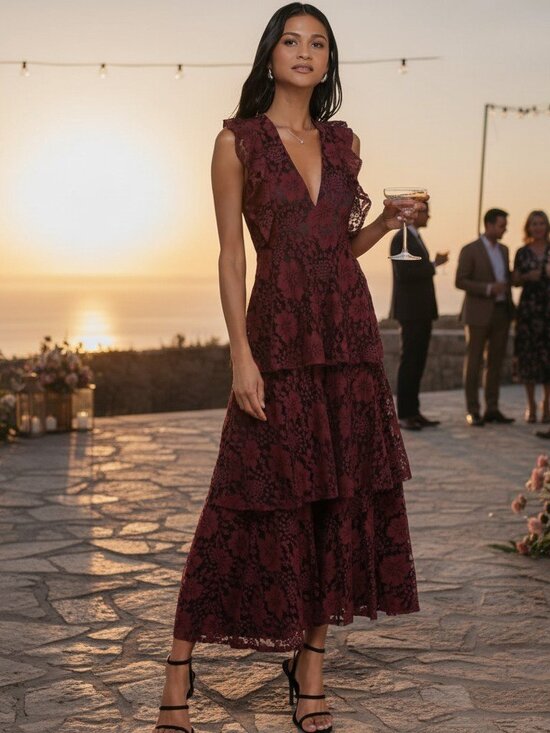 Lulus Dresses & Skirts - NWT Lulus Molinetto Burgundy Lace Ruffled Tiered Sleeveless Maxi Dress​